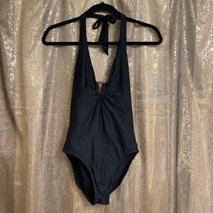 Helen John Black Halter Plunge Tortiose One Piece Swimsuit, Small